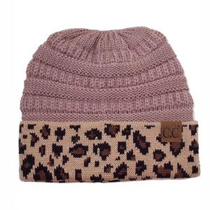 C.C Classic Solid Taupe With Leopard Cuff Beanie